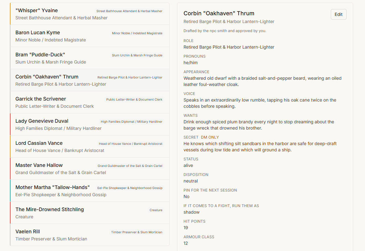 An NPC in the codex, with fields, facts and references