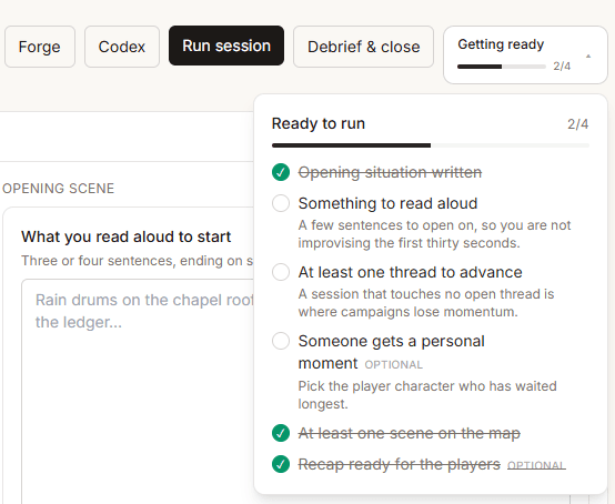The readiness checklist showing unfinished items