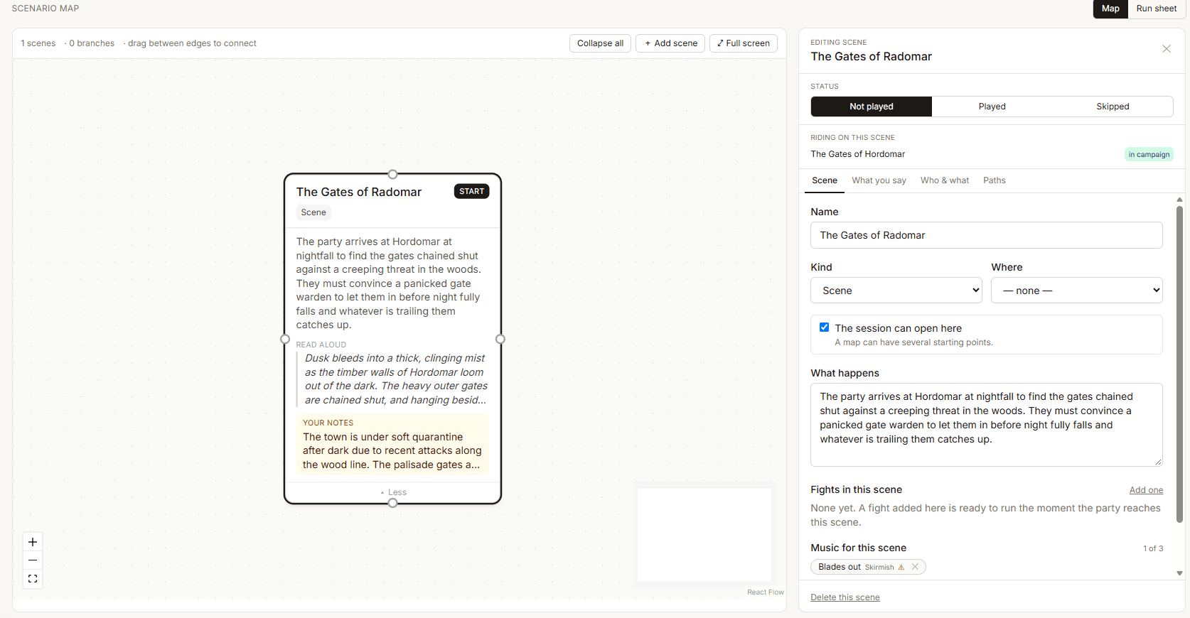 A scene open, with read-aloud text, spotlight and notes