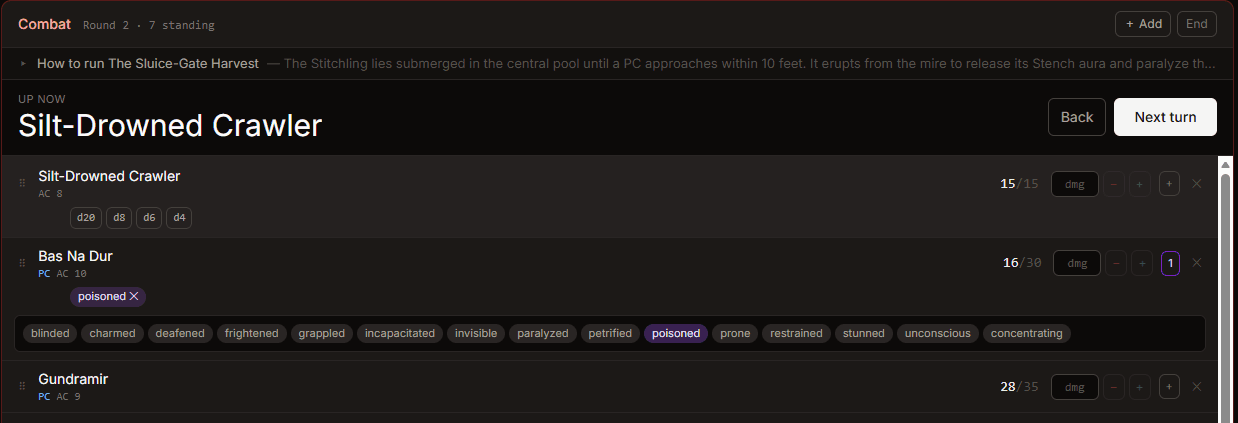 Applying damage to a combatant and adding a condition